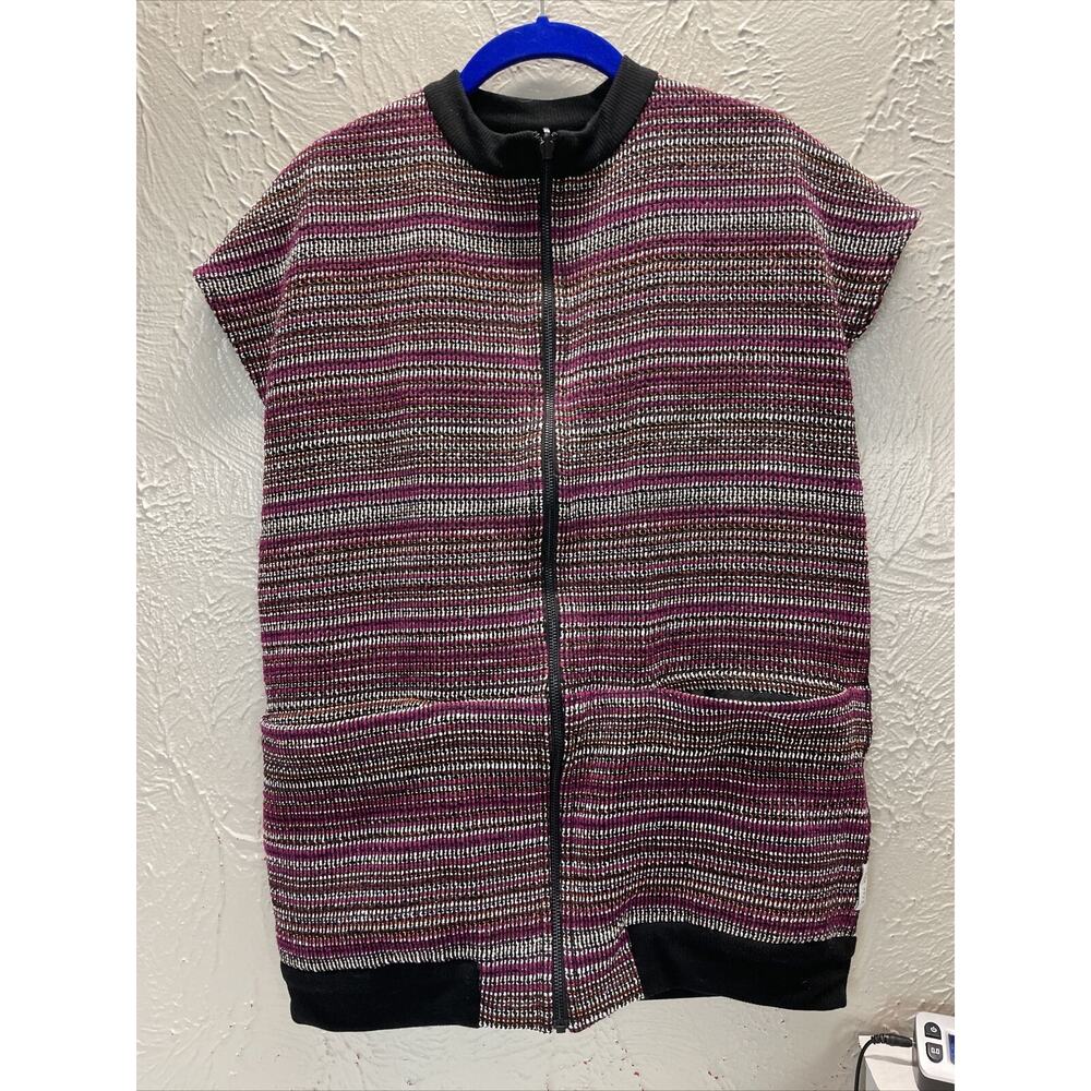 Woven Womens Striped Vest‎ Burgundy Black White Reversible Full Zip Front Sz M